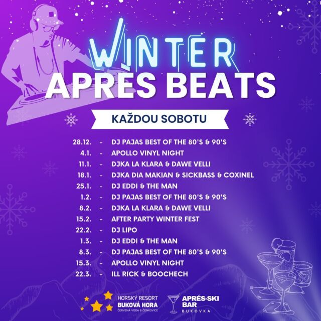 Winter Après Beats na Bukovce! 🍹❄️
Každou sobotu od 14:00 tě čeká hudba, drinky a pořádná zábava v našem Après Ski Baru – jedeme až do pozdních hodin!🎿✨ 
Startujeme 28. 12.,tak si to nenech ujít.
🎶 Každý týden jiný vibe 🍸 Top drinky na zahřátí i na náladu ⛷️ Zábava přímo pod sjezdovkou
Sníh, beats, pohoda – kdo dorazí? 🙌❄️